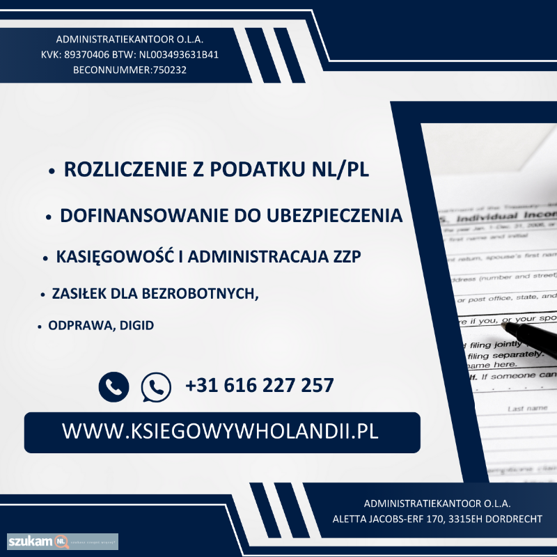 Ogłoszenie Rozliczenie się z podatku (NL, PL + zaświadczenia) do 5 lat w kategorii Prawo, księgowość w lokalizacji Zuid-Holland